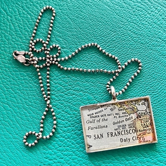 San Francisco Vintage Map Pendant Necklace .925 Chain Northern California Retro - Picture 1 of 8